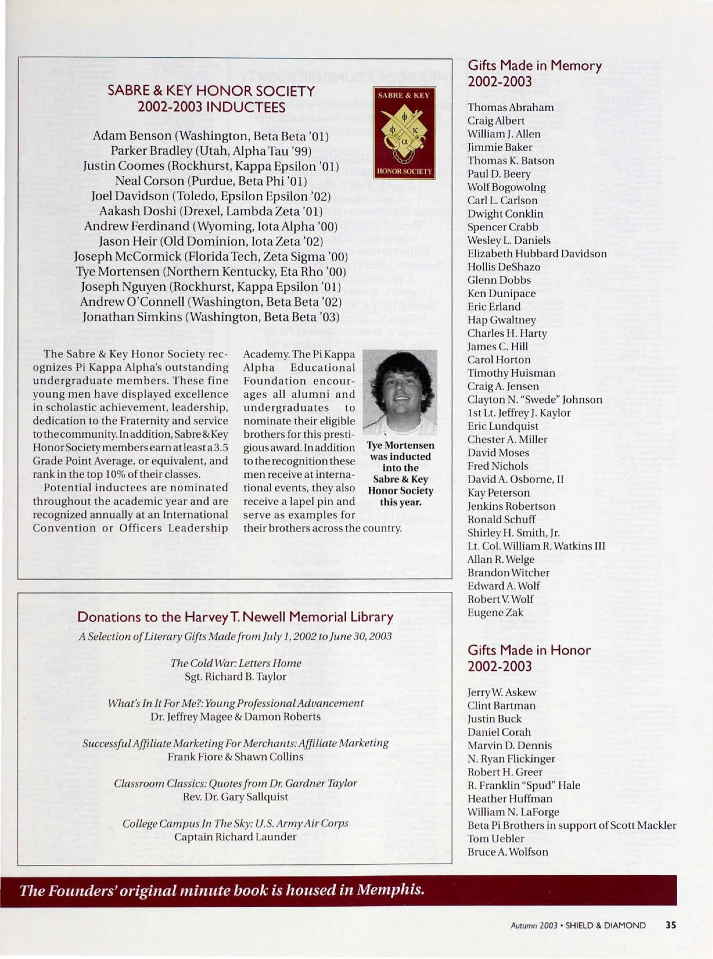 Gifts Made In Honor 2002-2003